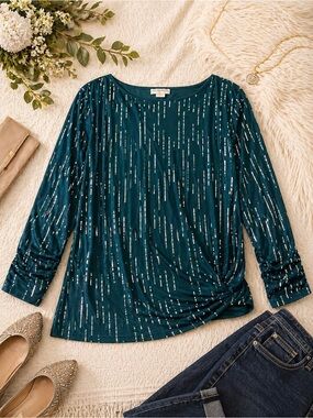Catherines 2X 22/24W Teal Sequin Top Plus Size 3/4 Sleeve Stretch Blouse